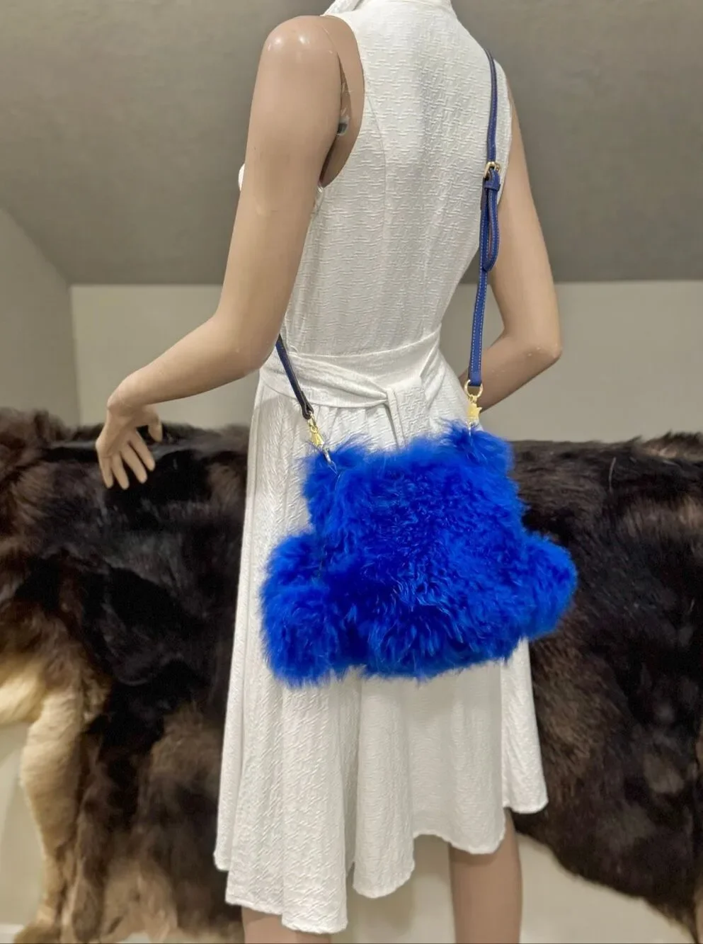 One of a kind! Unique Handmade Blue Real Curly Shearling Drawstring Bucket Bag
